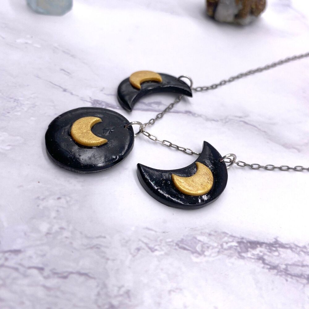 Black and Gold Moon Phase Celestial Sterling Silver Necklace - Picture 5 of 9